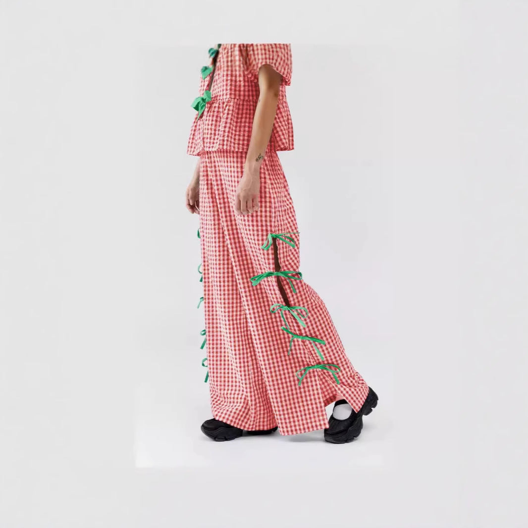 Damen Weite Karohose mit dekorativen Schnürdetails Drune