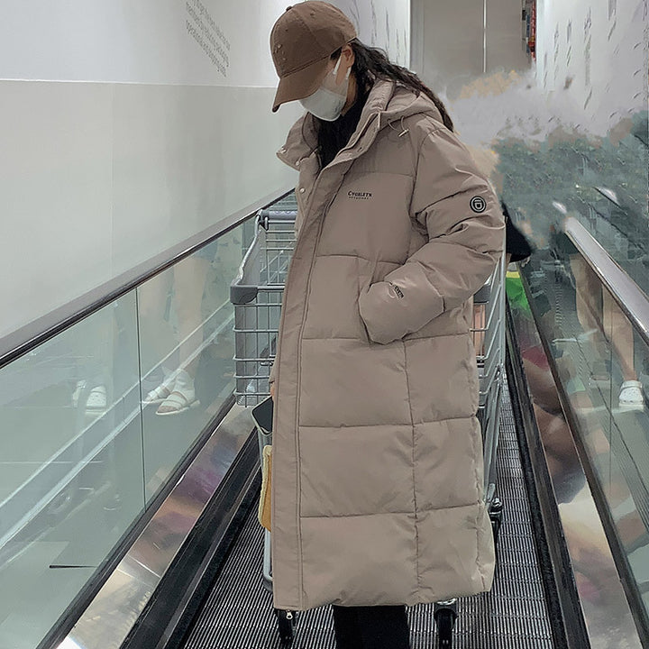 Damen Lange Steppjacke mit Kapuze und hohen Kragen Drune