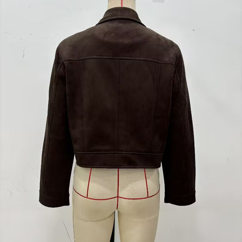 Damen 30+ kurz geschnittene Veloursjacke im Blousonstil mit Hemdkragen und verdeckter Druckknopfleiste Drune