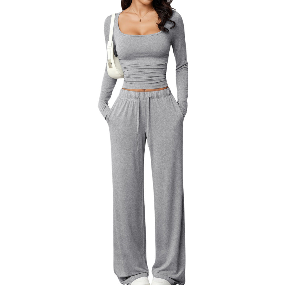 Damen Zweiteiliges Relax-Set mit tailliertem Langarm-Croptop und weiter Jerseyhose Drune