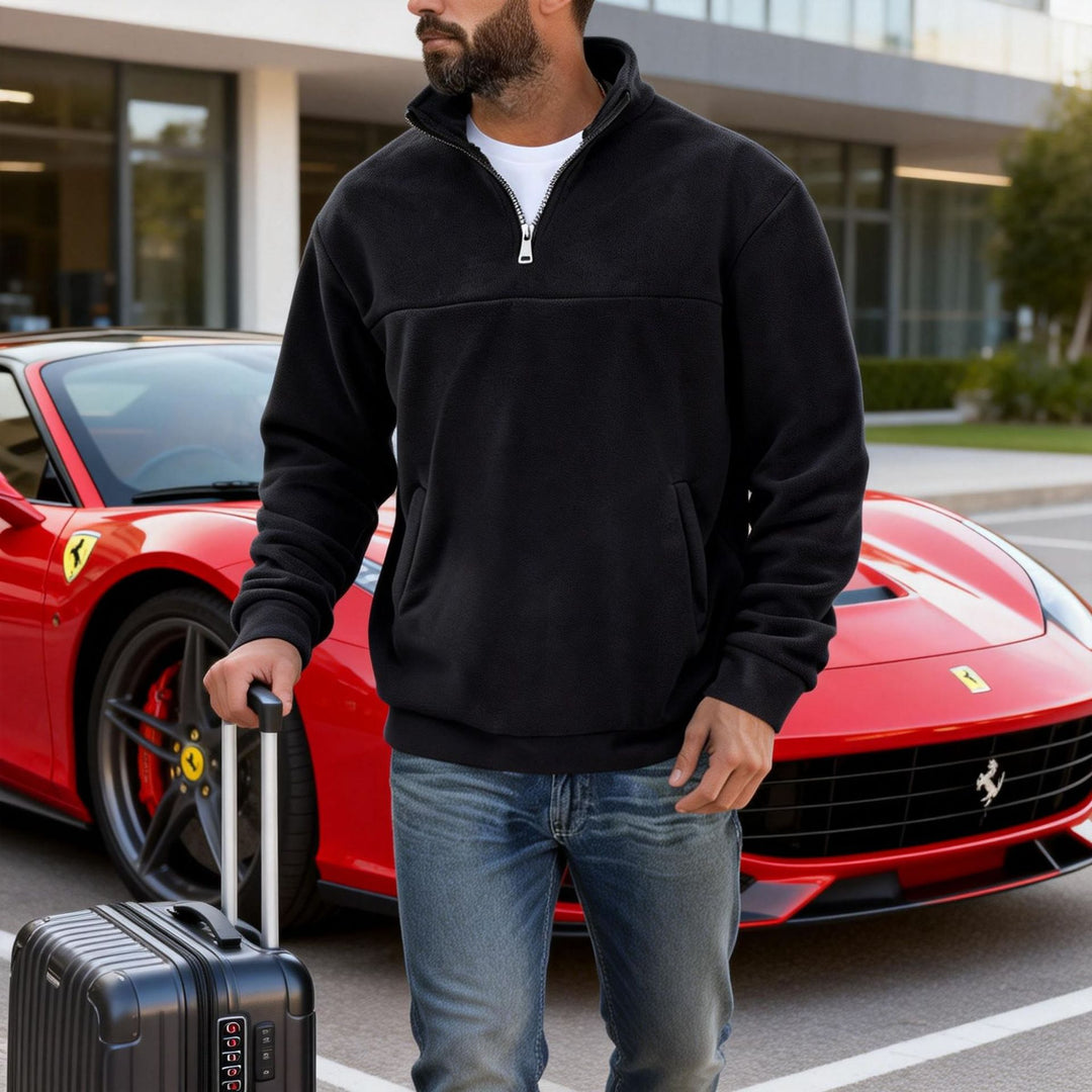 Herren warmer Fleece-Halbzip-Pullover mit Stehkragen, Kängurutasche und Relaxed Fit Drune