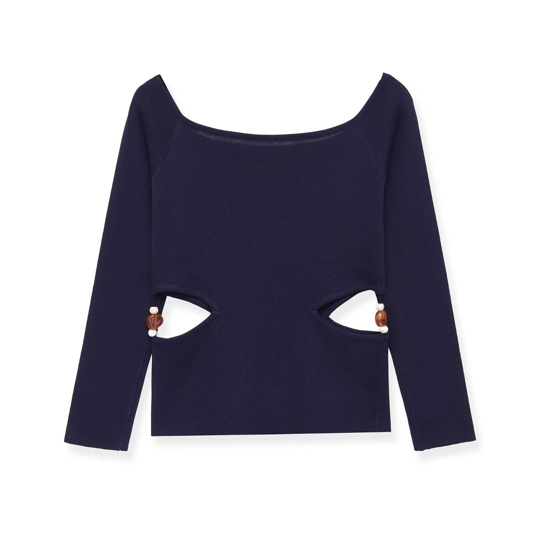 Damen Langarmshirt mit seitlichen Taillen-Aussparungen und Perlenbesatz Drune
