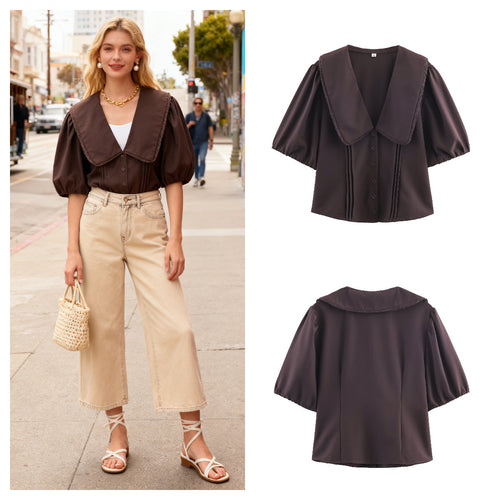 Damen Bluse mit übergroßem Matrosenkragen, Puffärmeln und Kellerfalten Drune