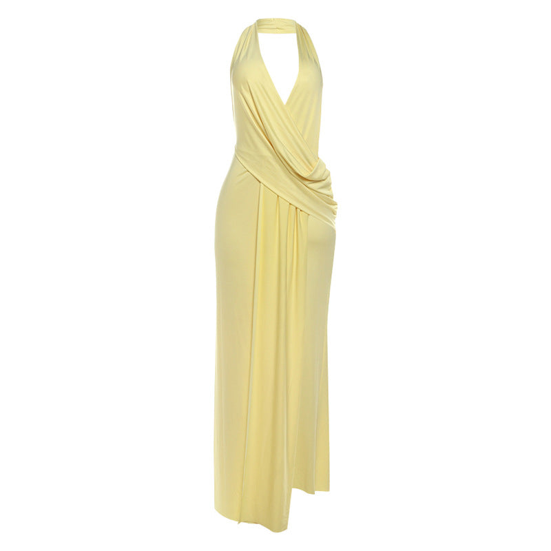Damen elegantes Wickelkleid mit tiefem V-Ausschnitt und fließendem Stoff Drune