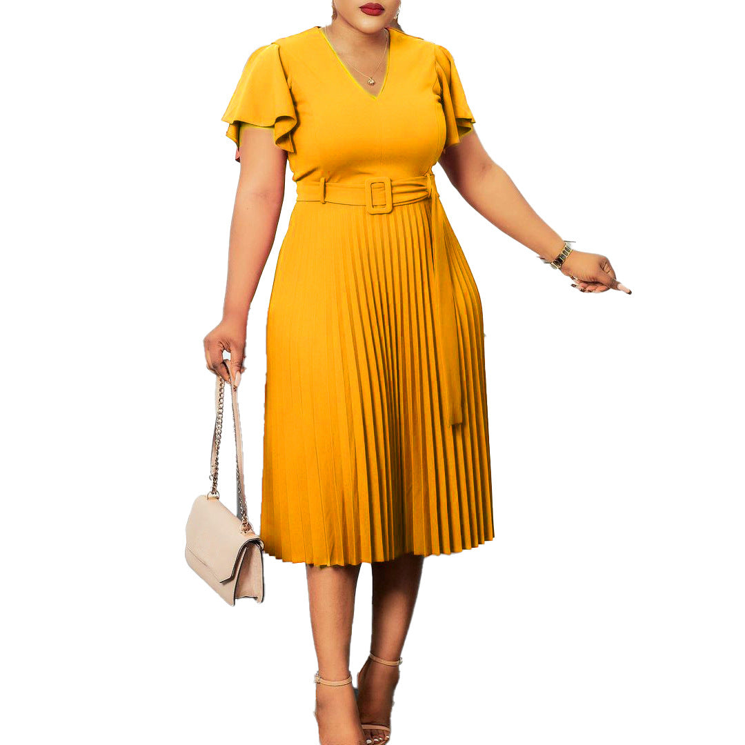 Damen Plissee Kleid mit eleganter Taille und Taillengürtel Drune