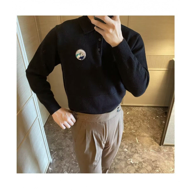 Herren Polokragen-Feinstrickpullover mit Emblem und gerippten Bündchen Drune
