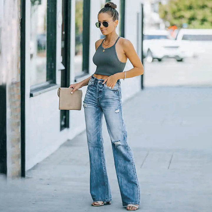 Damen Hochtaillierte weite Straight-Leg-Jeans mit Destroyed-Details Drune