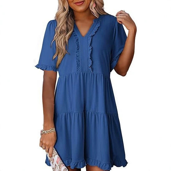Damen nan leichtes Swingkleid mit V-Ausschnitt, gestufter Rockpartie und zarten Volants Drune