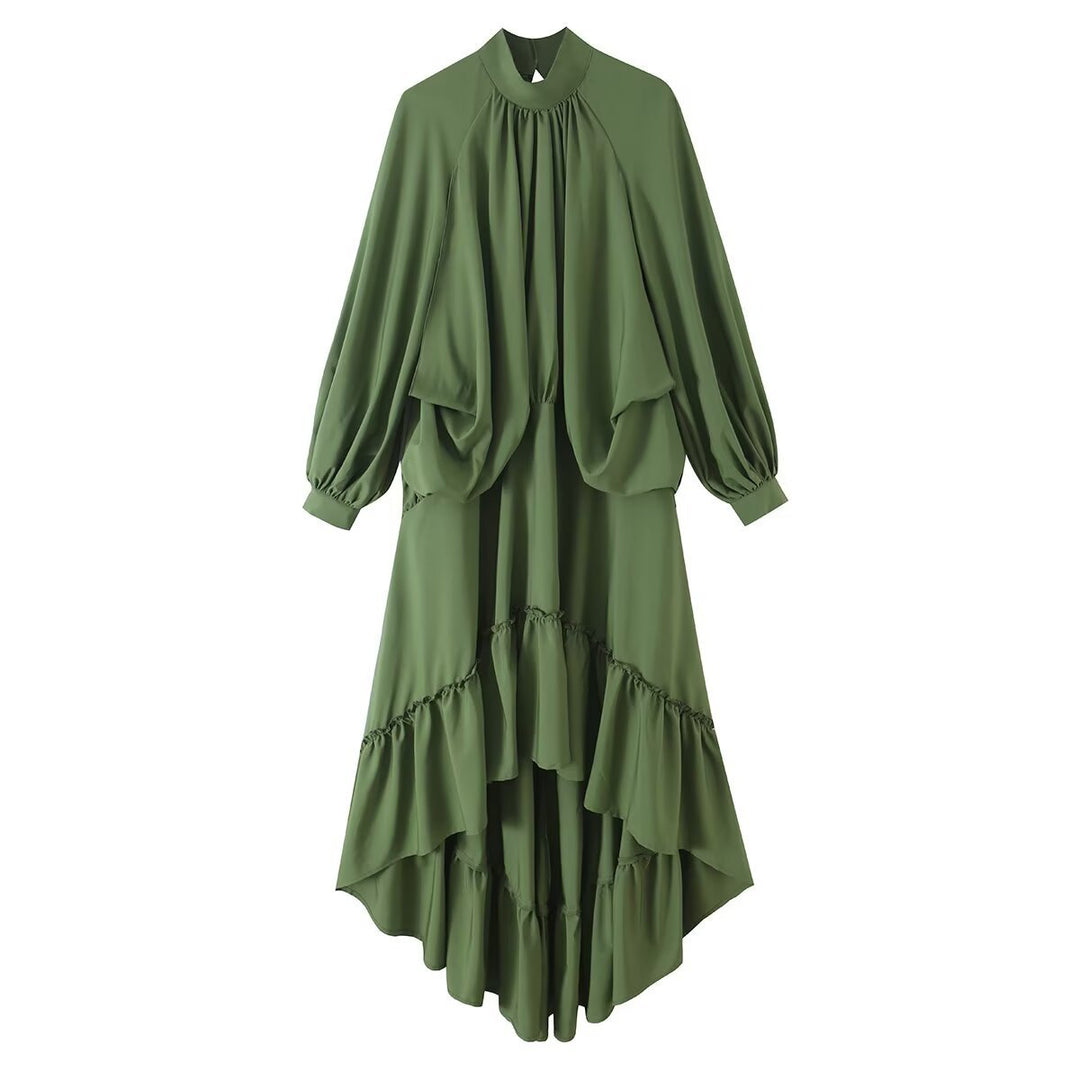 Damen Fließendes Maxikleid mit Ballonärmeln, Rüschendetails und Stehkragen Drune