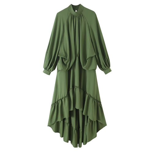Damen Fließendes Maxikleid mit Ballonärmeln, Rüschendetails und Stehkragen Drune