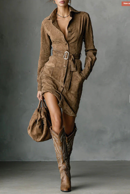 Damen Hemdblusenkleid mit tailliertem Gürtel und seitlichen Taschen Drune