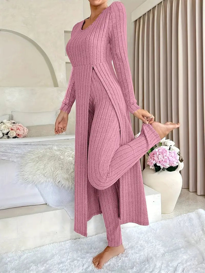 Damen eleganter und modischer Jumpsuit mit seitlichen Schlitzen und langen Ärmeln Drune