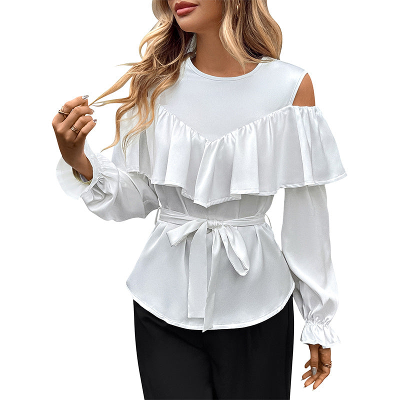 Damen Elegant-Volant-Bluse mit Cut-Out-Schulter und Bindegürtel Drune