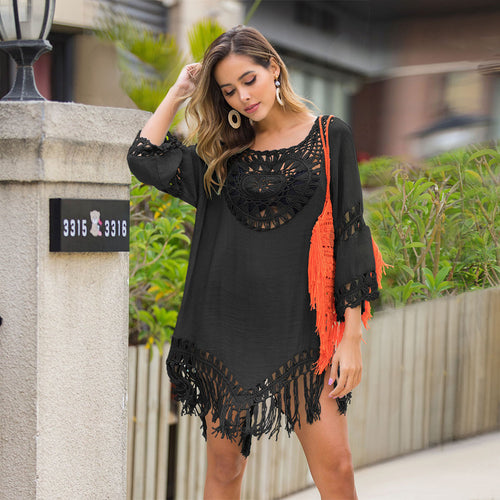 Damen Häkel-Strandtunika mit fransigem Saum und transparentem Design Drune