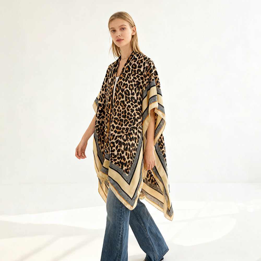 Damen Oversized Kimono-Überwurf mit Leopardmuster und breiter Satin-Bordüre Drune