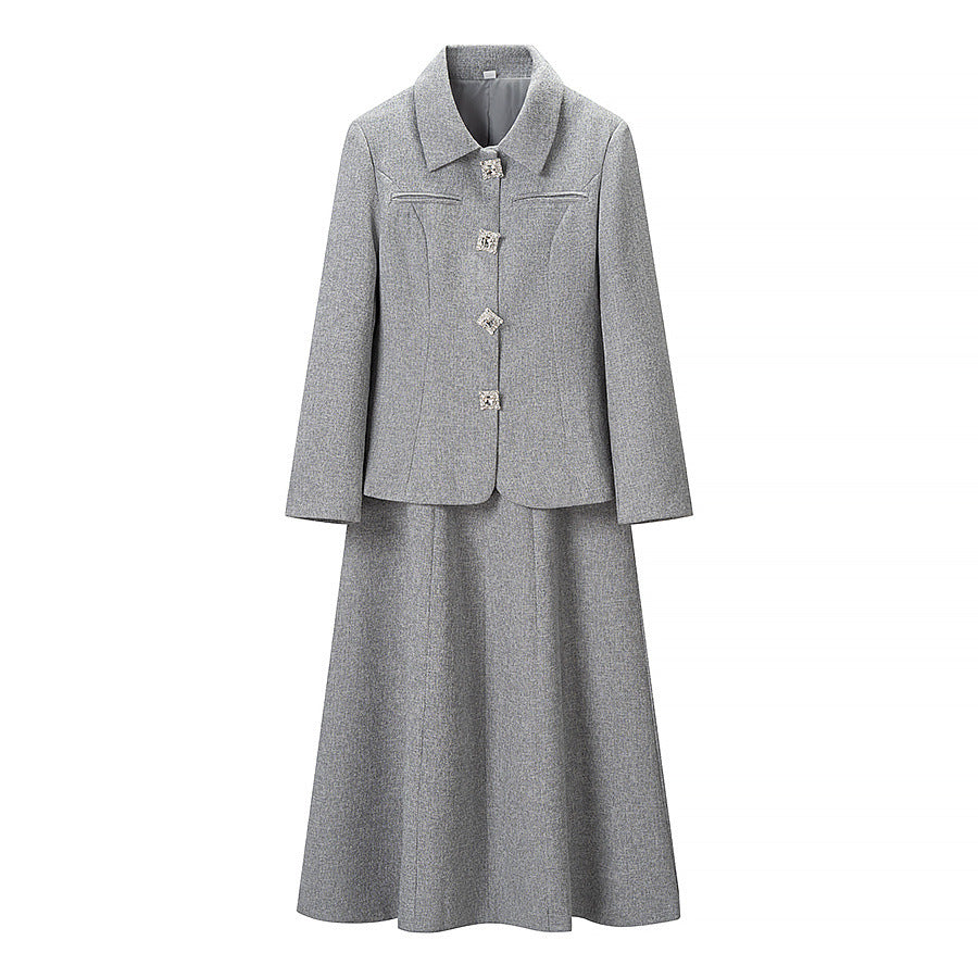 Damen Elegantes zweiteiliges Wollmisch-Kostüm mit tailliertem Kurzblazer und ausgestelltem Midirock Drune
