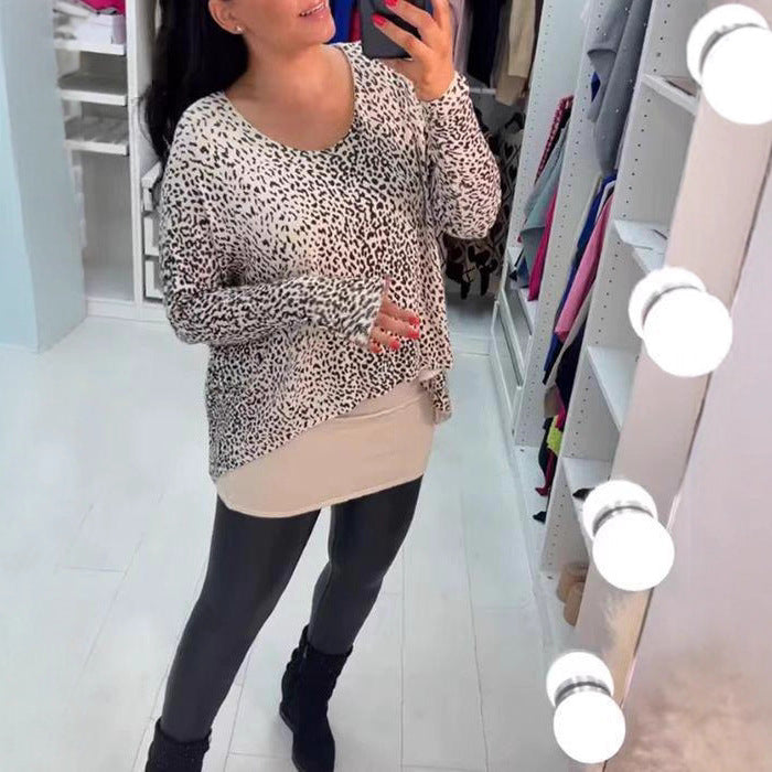 Damen nan weit geschnittenes Tunika-Longsleeve mit Leomuster, abgerundetem Saum und Lagenoptik Drune