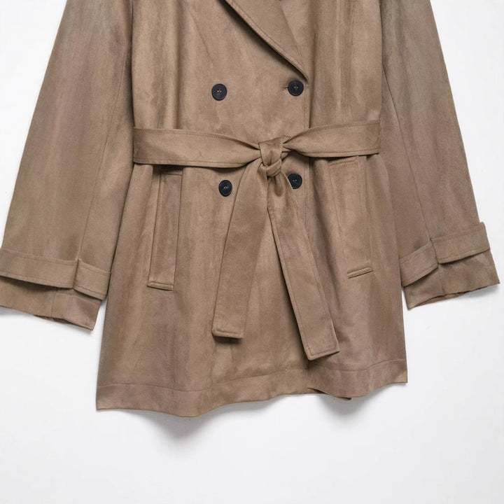 Damen Doppelreihiger Wildlederoptik-Trenchcoat mit Taillengürtel Drune