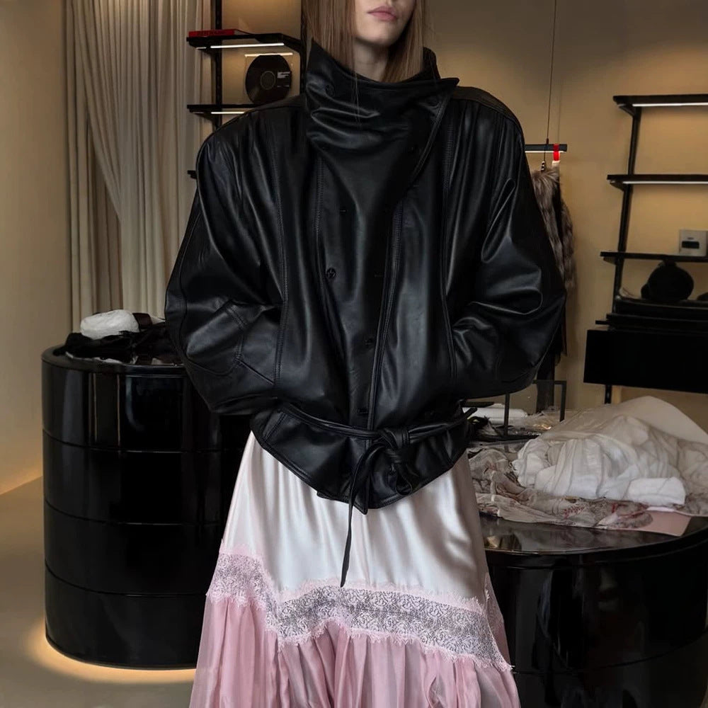Damen Oversize-Kunstleder-Bomberjacke mit hohem Stehkragen und Taillengürtel Drune