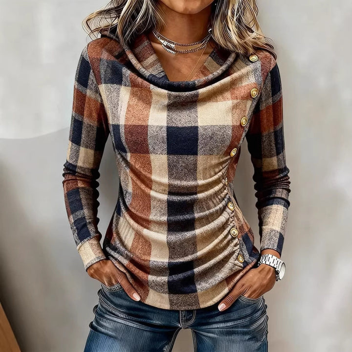 Damen Kariertes Langarm-Feinstrickshirt mit Wasserfallkragen und Zierknopfleiste Drune