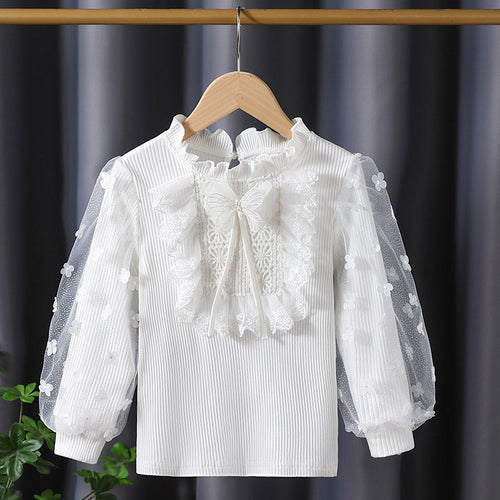 Mädchen Rüschenbluse mit floralen Applikationen und transparenten Ärmeln Drune