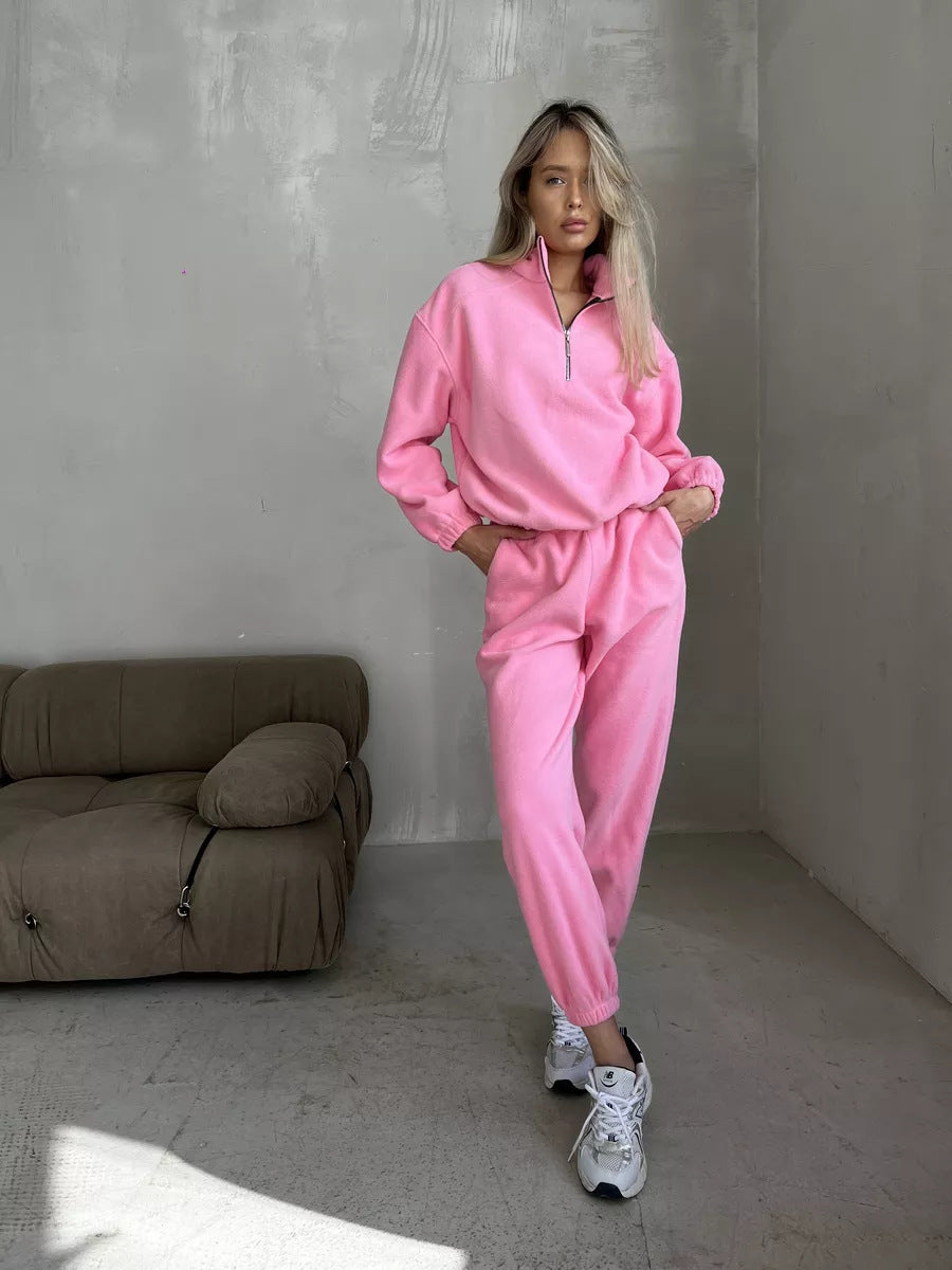 Damen lässiges Fleece-Jogginganzug Set mit Stehkragen und halbhohem Reißverschluss Drune