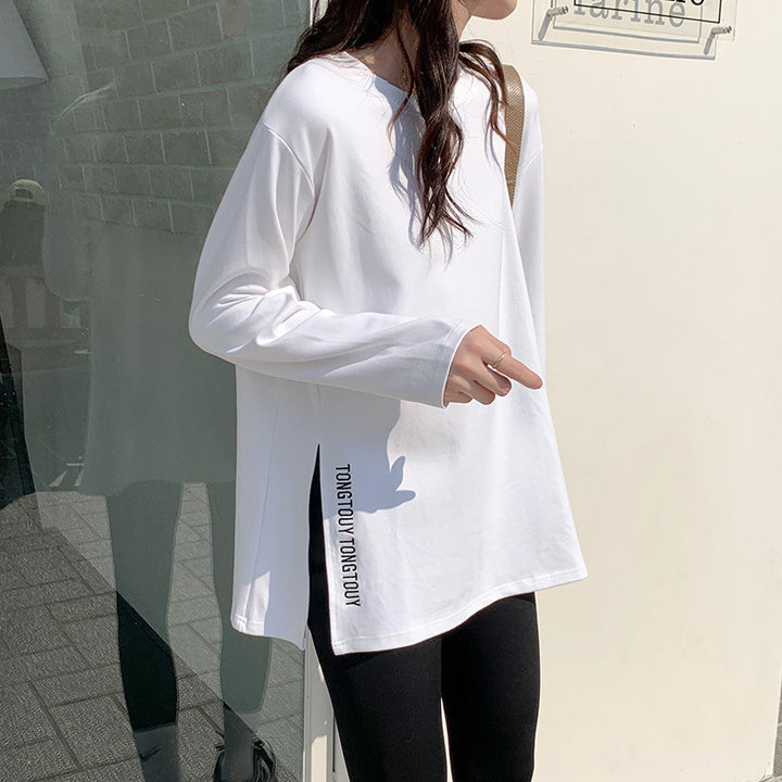 Damen lässiges Langarmshirt mit asymmetrischem Schnitt und modernen Schriftzug Drune