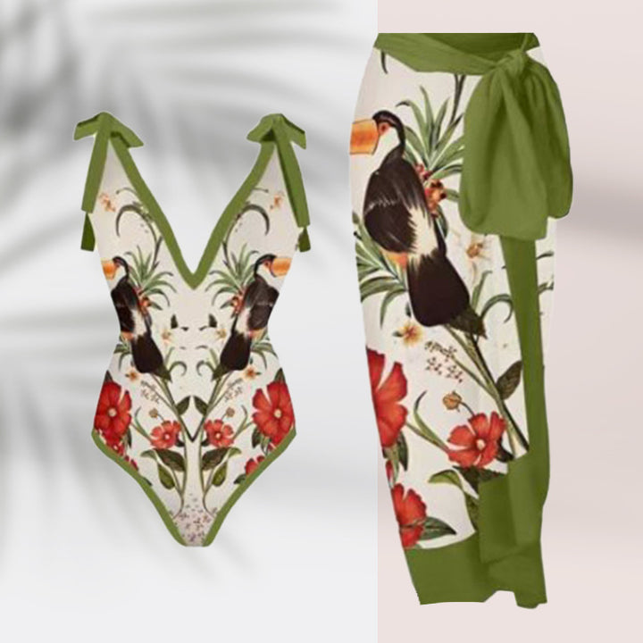Damen Pareo mit botanischem Muster und stilvollem Bindegürtel Drune
