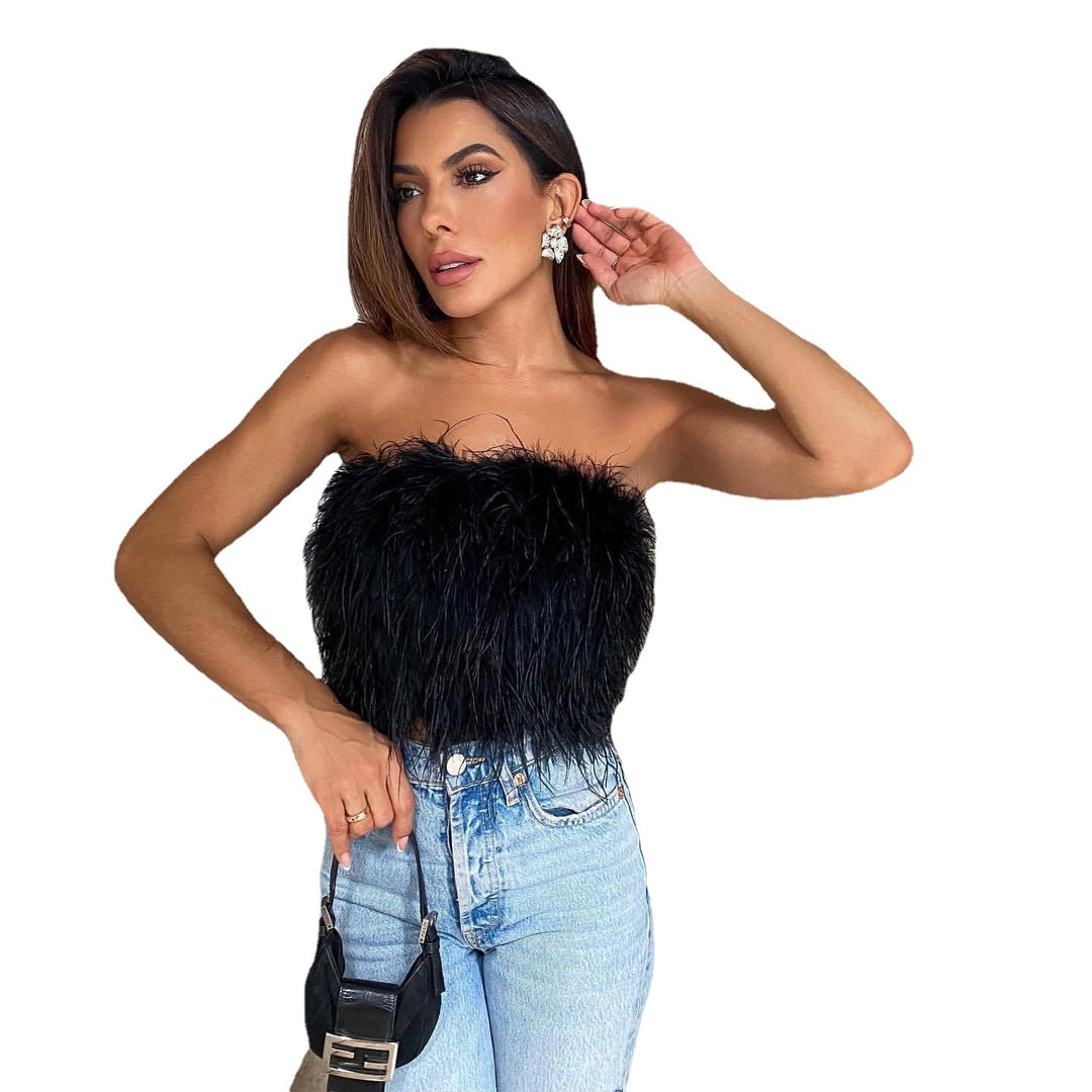 Damen Modische Top mit aufregendem Federn und schulterfreiem Design Drune