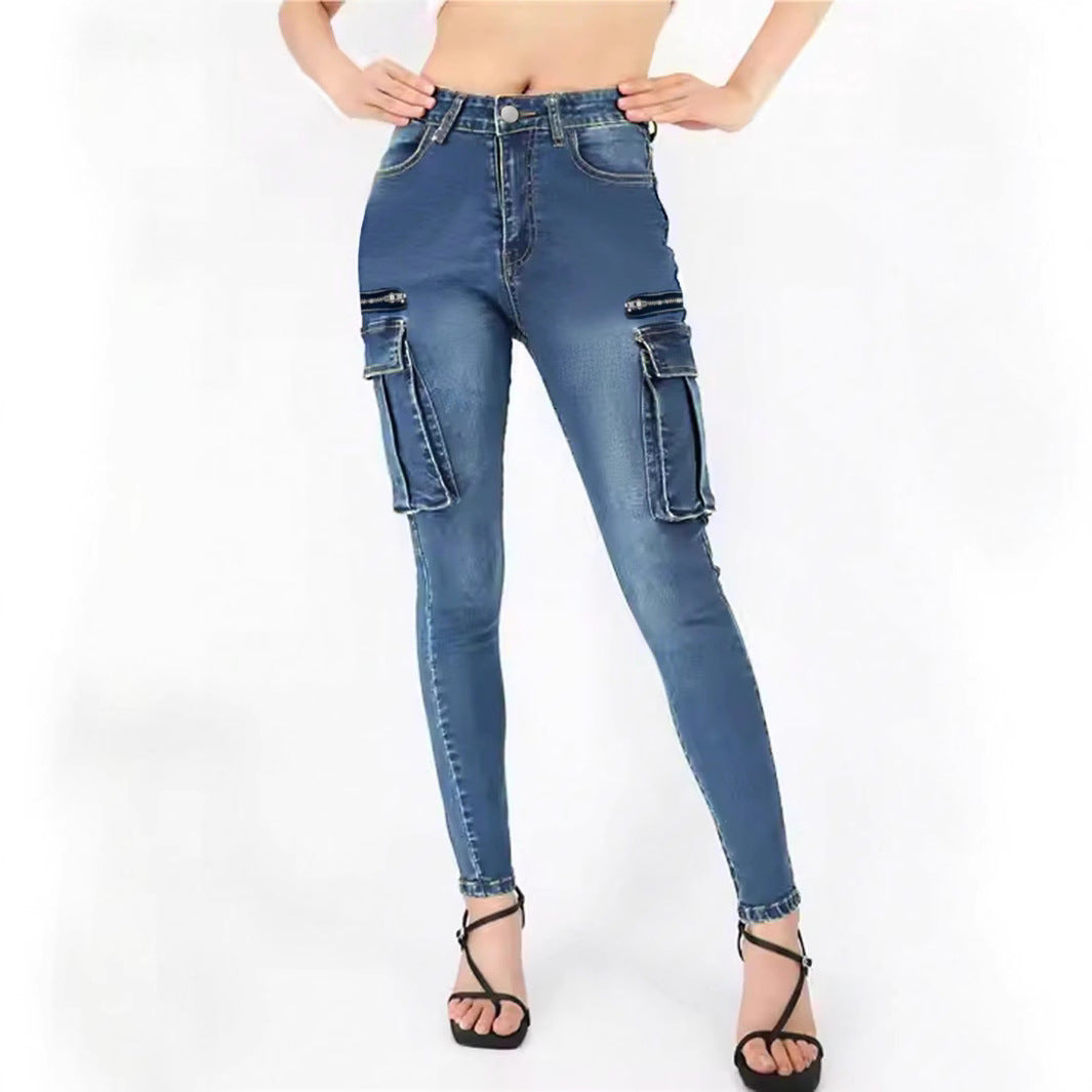 Damen High‑Waist Slim‑Cargo‑Jeans mit Klappentaschen und Reißverschluss-Details Drune