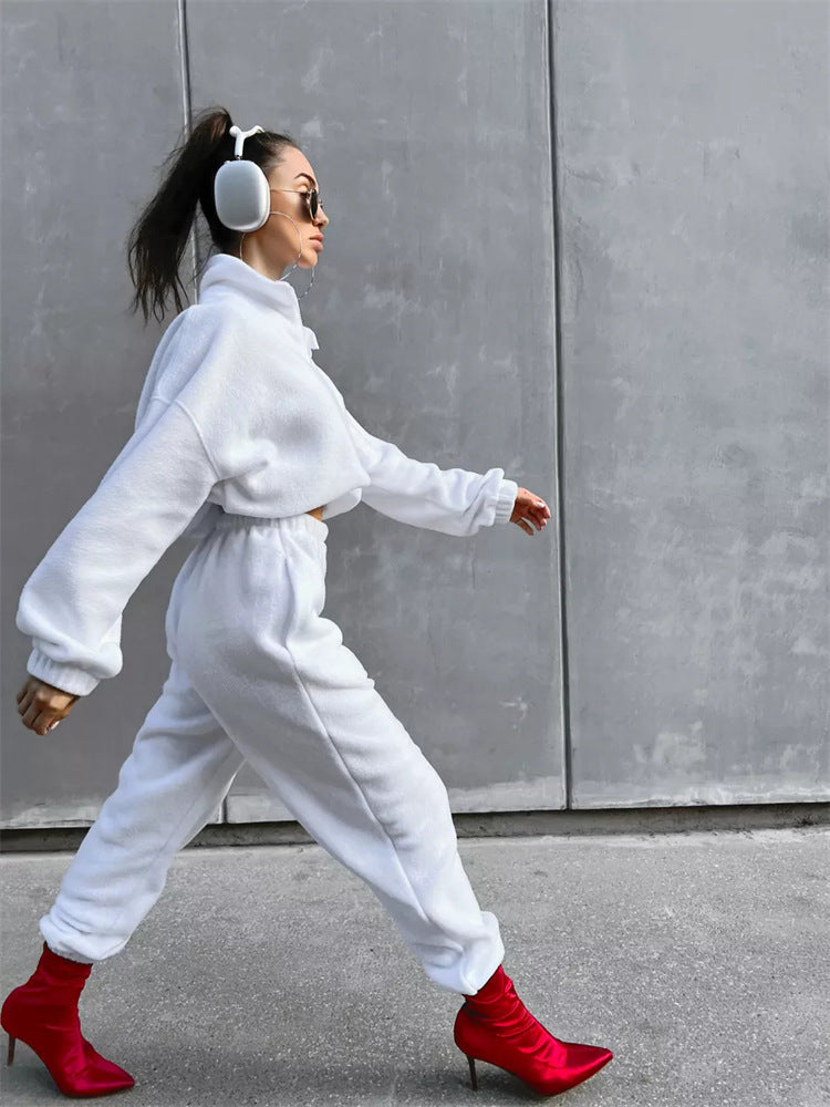 Damen kuscheliger Fleece-Jogginganzug mit Stehkragen und Kordelzug Drune