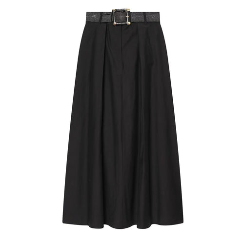 Damen High-Waist Maxirock mit Kellerfalten und dekorativem Taillengürtel Drune