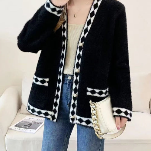 Damen Flauschige Strickjacke mit Dekorativem Muster Drune