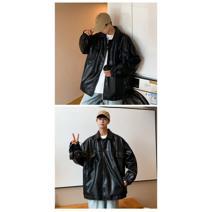 Herren Oversized PU-Leder-Shacket mit Pattentaschen und elastischen Bündchen Drune