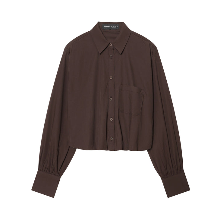Damen nan cropped Karo-Hemd mit Ballonärmeln, Brusttasche und elastischem Saum Drune