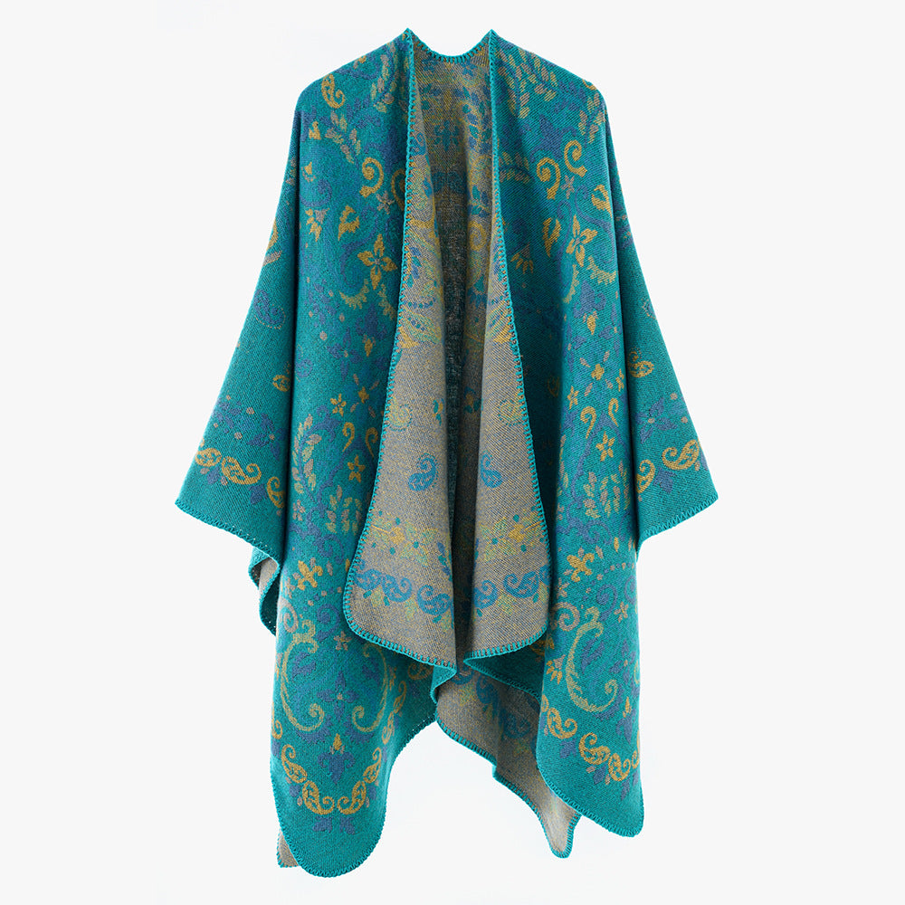 Damen Reversibler Ornamentaler Capeponcho mit feiner Jacquardstruktur Drune