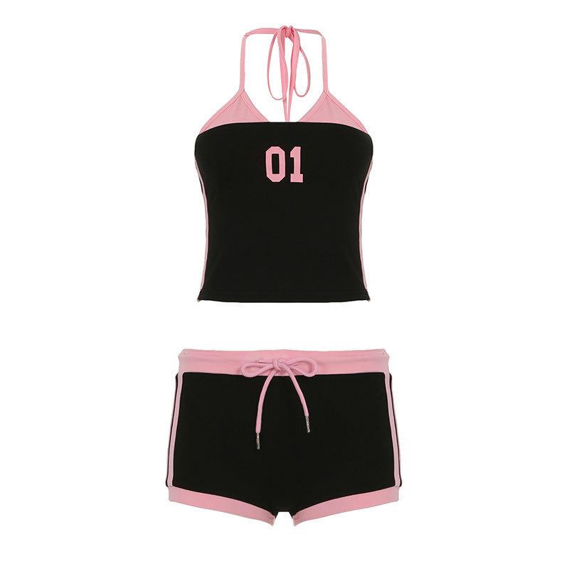 Damen sportliches Crop-Top und Shorts Set mit dekorativem Bindeband Drune