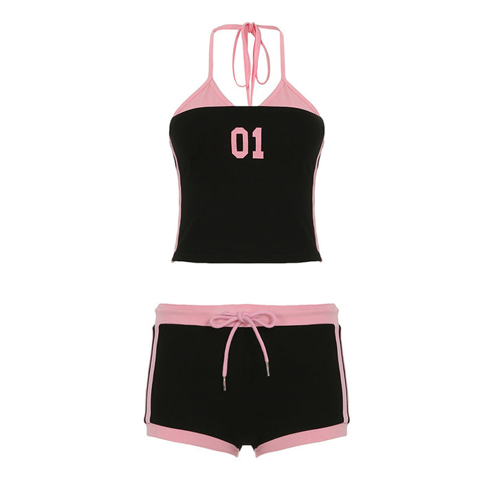 Damen sportliches Crop-Top und Shorts Set mit dekorativem Bindeband Drune