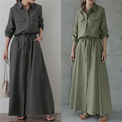 Damen nan langes Hemdkleid mit Tunnelzugtaillierung und aufgesetzten Brusttaschen Drune