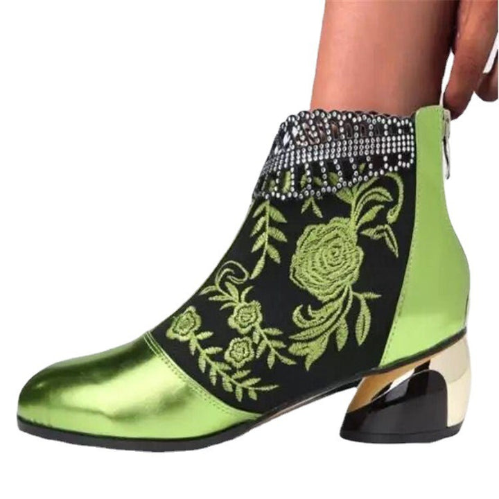 Damen nan bestickte Ankle-Boots mit Samteinsatz Perlenbesatz und skulptiertem Blockabsatz Drune