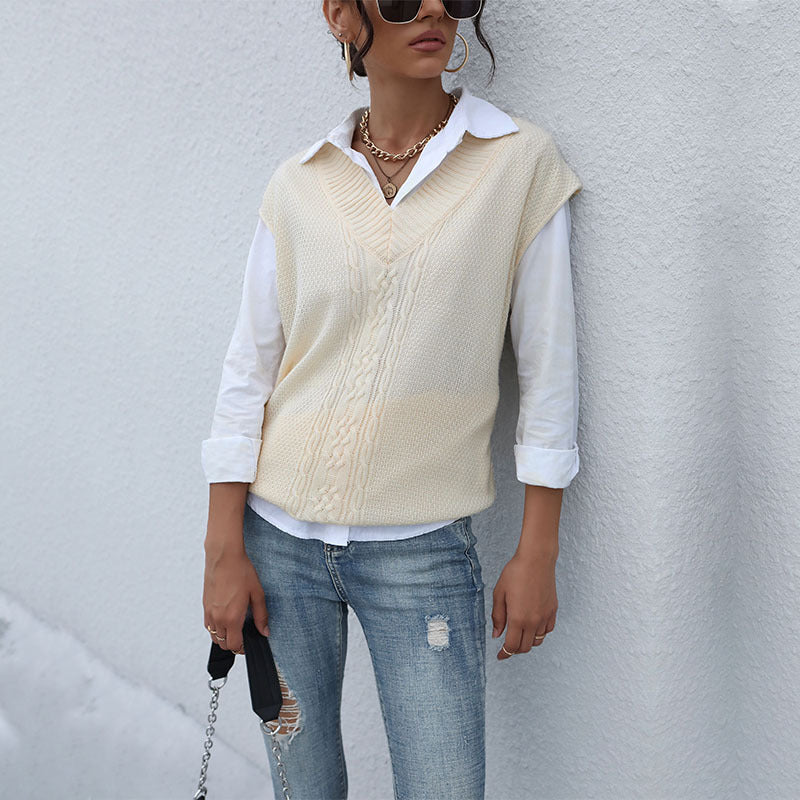 Damen Langer Strickpullunder mit Zopfmuster und V‑Ausschnitt Drune
