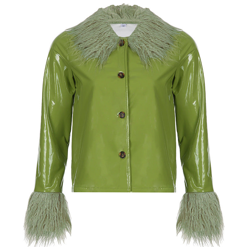 Damen modische Jacke mit luxuriösem Kunstpelzkragen und glänzender Oberfläche Drune