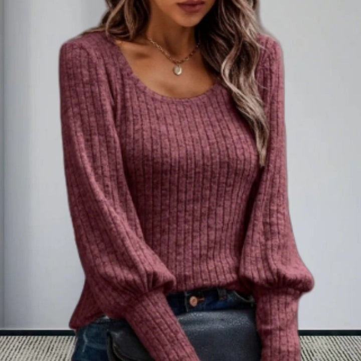 Damen Strickpullover mit Ballonärmeln und feinem Rippmuster Drune