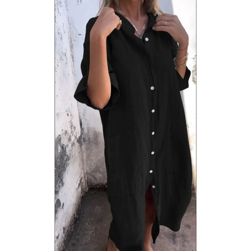 Drune | Lässiges Baumwoll-Leinen Shirtkleid mit dreiviertelärmeln