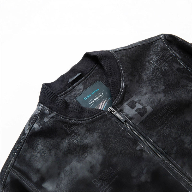 Herren Lederimitat-Blouson mit Allover-Print, Reißverschluss und Rippbündchen Drune