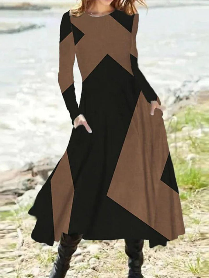 Damen nan geometrisches Maxikleid mit langen Ärmeln, A-Linien-Schnitt und seitlichen Eingrifftaschen Drune