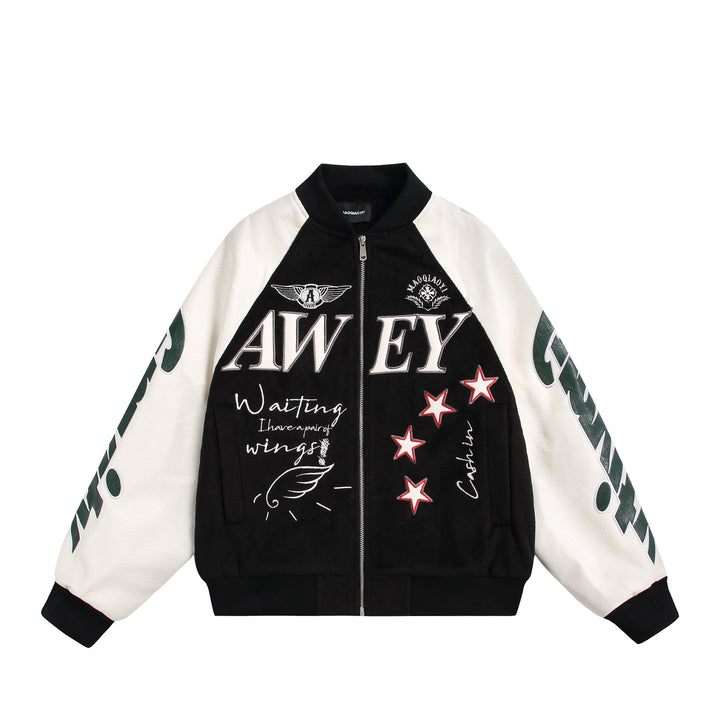 Unisex Varsity-Bomberjacke im Materialmix mit Stick- und Applikationsdetails Drune