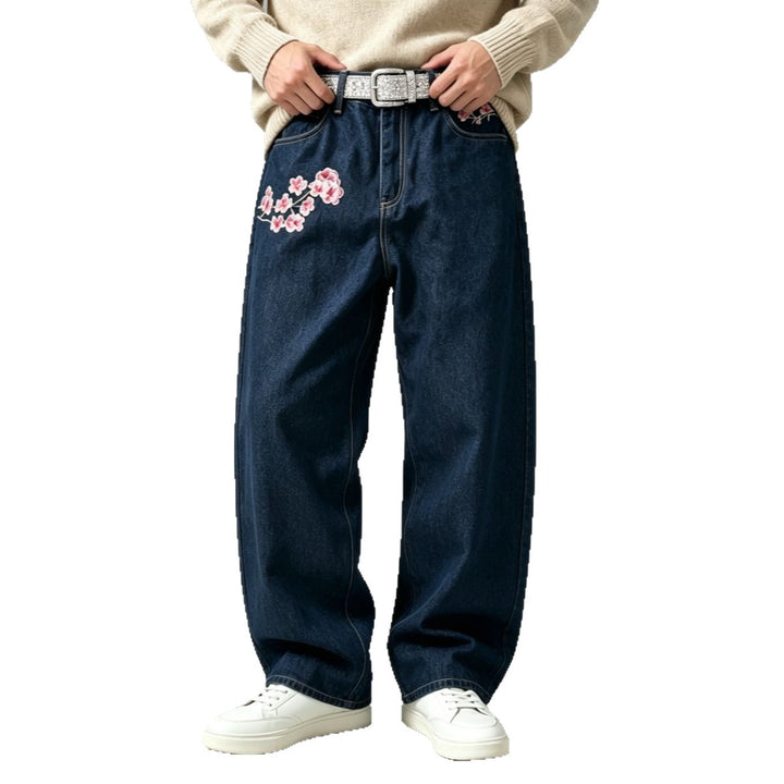 Herren Modische Weit geschnittene Denim-Hose mit Blumenstickerei Drune