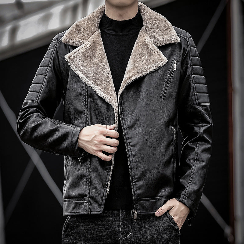 Herren Piloten-Lederjacke mit Teddyfutter, breitem Umlegekragen und gesteppter Ärmeldetail Drune
