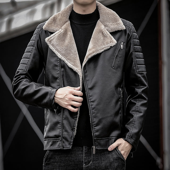 Herren Piloten-Lederjacke mit Teddyfutter, breitem Umlegekragen und gesteppter Ärmeldetail Drune